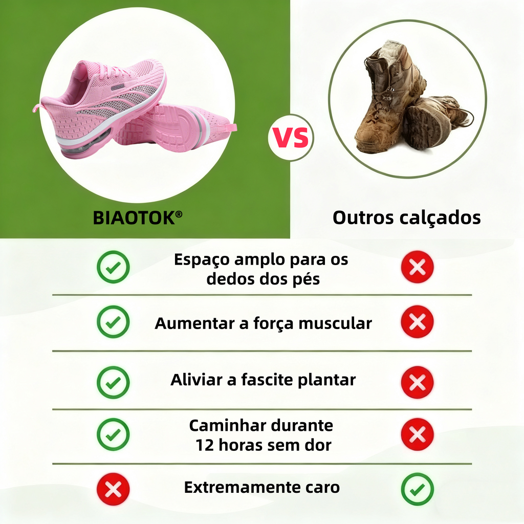 Calçado ortopédico Biaotok®: Projetado ergonomicamente para aliviar dores nas costas, nos pés e nas articulações.